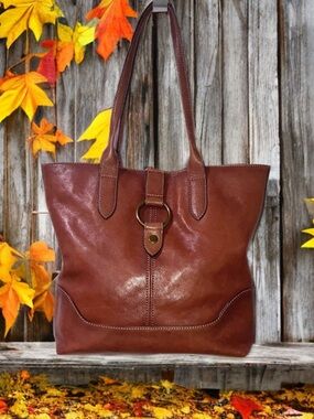 FRYE Leather Ring Tote Bag Women Large Shoulder Purse Cognac Brown Everyday